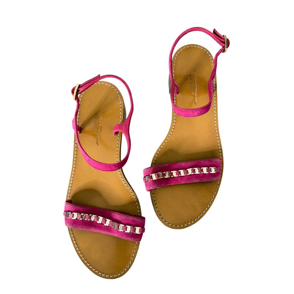 Salvatore Ferragamo Pink Suede Gancini Chain Sandals Block Heel